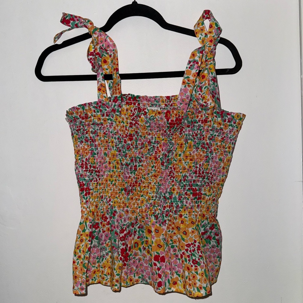 🌸 J.Crew Smocked Floral Tie-Strap Tank Top – Size M  (Cross posted)